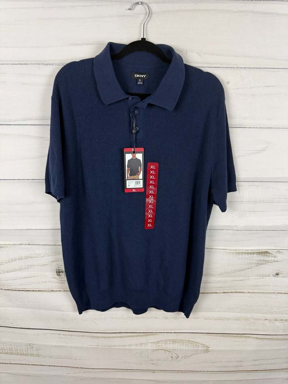 DKNY Men's Ribbed Knit Short Sleeve Sweater Polo Shirt, Navy